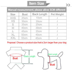 A size chart for dog clothing showing bust and back length measurements for sizes XXS to XXL.