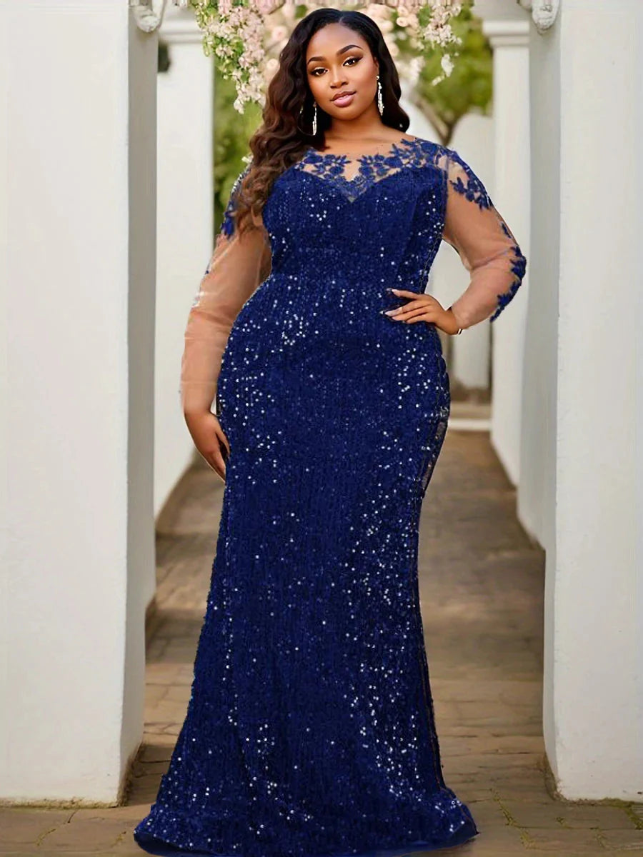 O Neck Illusion Long Sleeve Evening Party Dress Lace Flowers Sequin Mesh Floor Length Prom Gown Elegant Women Plus Size SHOWLU FASHION STORE