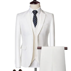 A white three-piece men's suit featuring a single-breasted jacket, vest, and matching trousers.