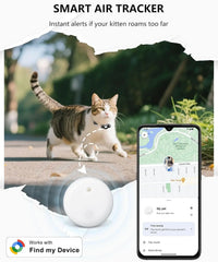 A white Bluetooth pet tracker attached to a cat collar shown with a smartphone tracking app.