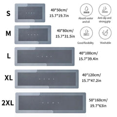 A chart showing five sizes of rectangular, grey, absorbent kitchen floor mats with home text.
