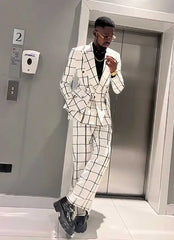 Handsome Wedding Tuxedos Check Double Breasted Men Suit Peaked Lapel 2 Piece Set Jacket Pants Groom Blazers Customized