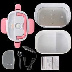 An electric heated lunch box with a pink lid, removable tray, spoon, and car power adapter.