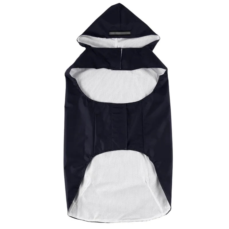 A navy blue waterproof dog raincoat with a hood and a reflective stripe.
