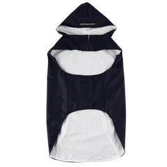 A navy blue waterproof dog raincoat with a hood and a reflective stripe.