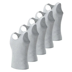 A stack of five grey cotton men's sleeveless tank tops with a simple crew neck design.
