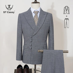 A grey two-piece men's suit featuring a unique double-breasted jacket with multiple buttons.