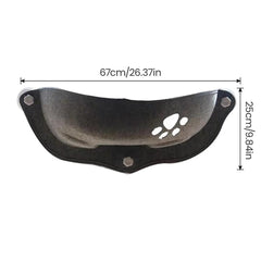 A grey felt cat hammock with a paw print cutout and three suction cups for window mounting.