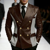 Men’s Brown Leather Blazer With Houndstooth Sides Vintage Two-Tone Double Breasted Slim Fit Gold Buttons Leather Tuxedo Jacket