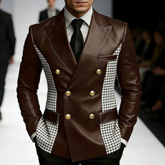 Men’s Brown Leather Blazer With Houndstooth Sides Vintage Two-Tone Double Breasted Slim Fit Gold Buttons Leather Tuxedo Jacket