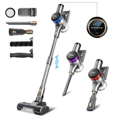 An INSE cordless stick vacuum with various attachments and a digital display screen.