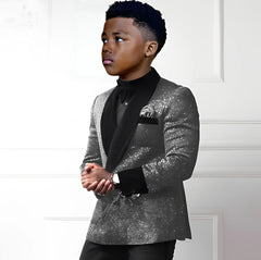 Sequin boys suit 2-piece set with double-breasted blazer and pants, stylish wedding tuxedo outfit for kids aged 2-16 years.