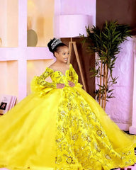 Customized Pink Flower Girl Dresses Children Birthday Dress Illusion Sheer Neck Long Sleeves Beaded Lace Princess Ball Gowns