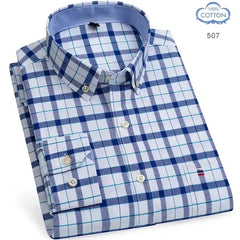 100% Pure Cotton Oxford Shirts for Men Long Sleeve Plaid Shirt Striped Male Business Checked Red Shirt Mans Designer Clothes 7XL