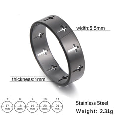 A black stainless steel ring featuring a cutout cross pattern with size and dimension labels.
