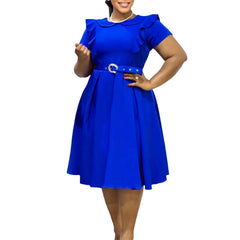 A royal blue A-line midi dress with short ruffled sleeves, an O-neck, and a matching waist belt.