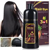 A 500ml bottle of Meidu 3-in-1 hair dye shampoo with before and after results shown.