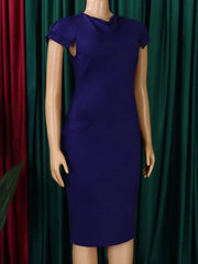 A solid dark blue midi dress with short sleeves and a slim fit on a mannequin.