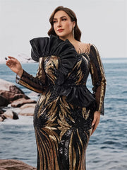 Lucyinlove Plus Size Luxury Ruffled Sequins Evening Dresses Elegant Long Sleeve Mermaid Formal Wedding Party Cocktail Gowns