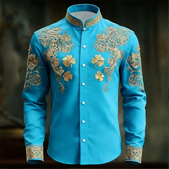 New men's floral long sleeved shirt with gold 3D clover print, fashionable and luxurious long sleeved shirt top