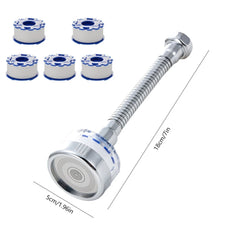 A flexible chrome faucet extender with a spray head and five replacement filter cartridges.