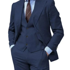 A slim-fit navy blue pinstripe three-piece suit featuring a blazer, vest, and trousers.