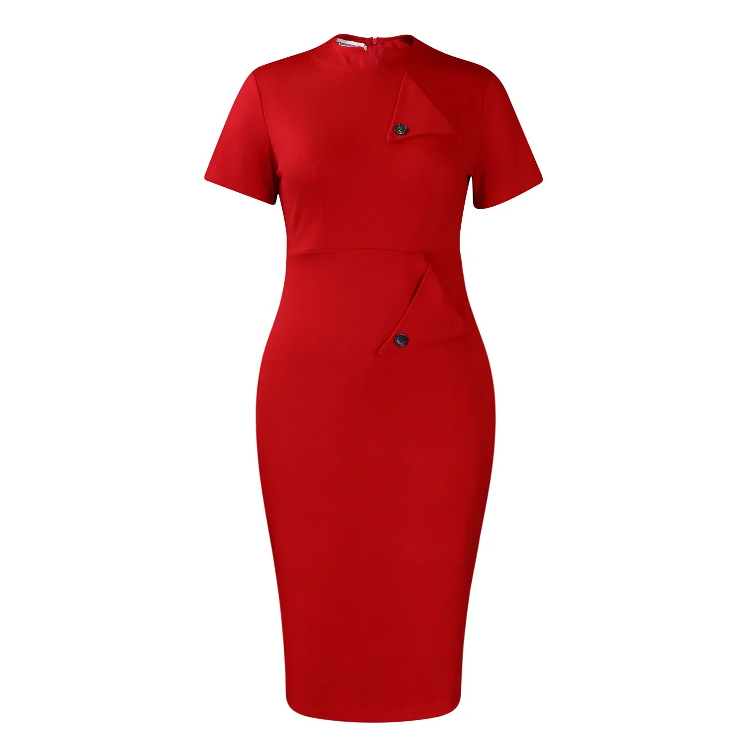 A red short-sleeved bodycon midi dress with a high collar and decorative button details.