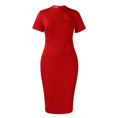 A red short-sleeved bodycon midi dress with a high collar and decorative button details.