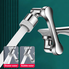 A stainless steel faucet extender with a 1080-degree swivel nozzle and two water spray modes.