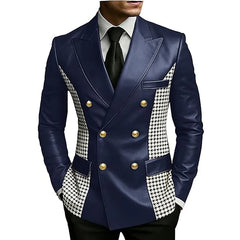 Men’s Brown Leather Blazer With Houndstooth Sides Vintage Two-Tone Double Breasted Slim Fit Gold Buttons Leather Tuxedo Jacket
