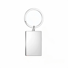 A blank rectangular metal keychain with a silver split ring attachment.