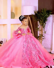 Customized Pink Flower Girl Dresses Children Birthday Dress Illusion Sheer Neck Long Sleeves Beaded Lace Princess Ball Gowns