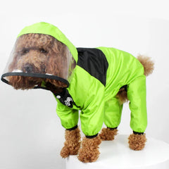 A brown poodle wears a bright green and black waterproof hooded jumpsuit with a transparent visor.