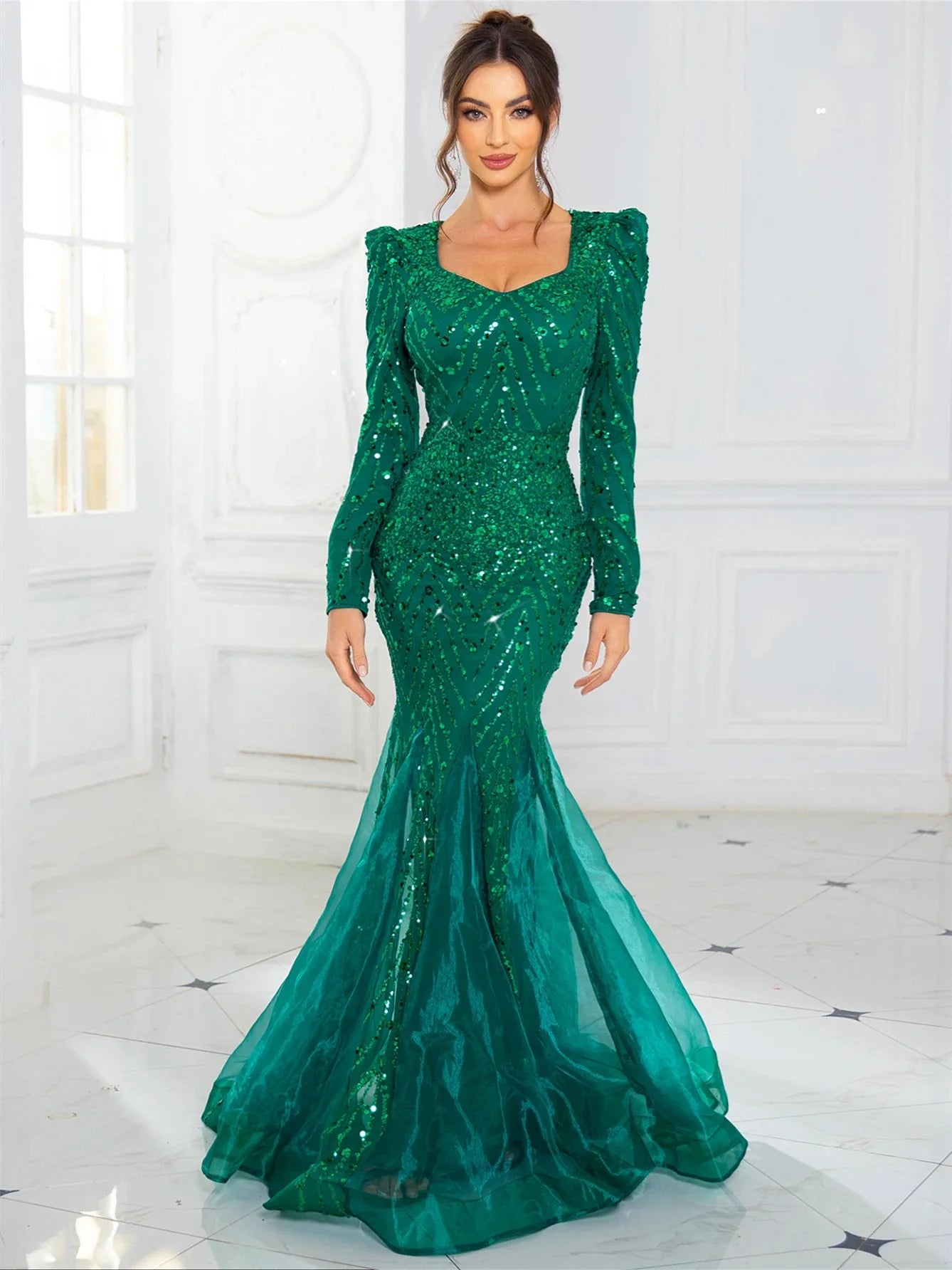 Romagic Long Sleeves Sweetheart Neck A Line Mesh Formal Evening Dress Floor Length Women Prom Party Dresses Winter SHOWLU FASHION STORE