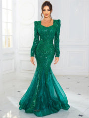 Romagic Long Sleeves Sweetheart Neck A Line Mesh Formal Evening Dress Floor Length Women Prom Party Dresses Winter SHOWLU FASHION STORE