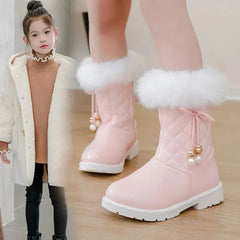 Girls Princess Boots Warm Shoes for Winter Kids Long Boots with Fur 2024 New Fashion Sweet Girls Leather Snow Boots with Bow SHOWLU FASHION STORE