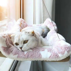 A light-colored cat rests on a plush, star-patterned window hammock attached by suction cups.