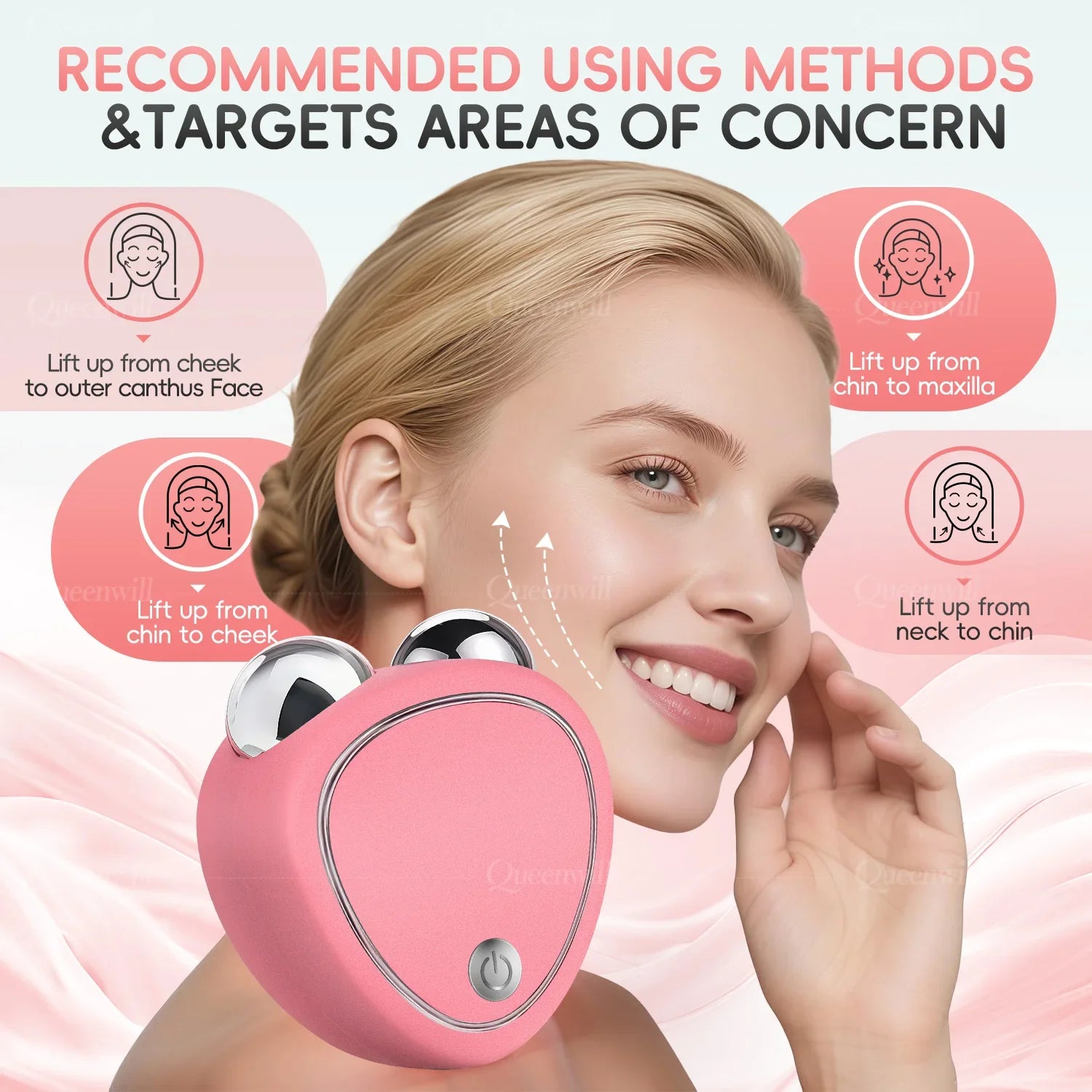 A pink, handheld microcurrent facial massager with two metal rollers shown with usage diagrams.