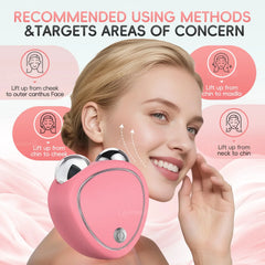 A pink, handheld microcurrent facial massager with two metal rollers shown with usage diagrams.