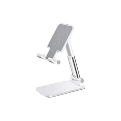 A white adjustable desk stand for mobile phones and tablets with a metallic telescopic arm.