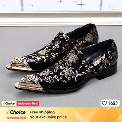 Italian Style Gentleman Dress Shoes black Metal Pointed Toe Men Snake Grain Genuine Leather Shoes Business, Party Shoes Men Flat