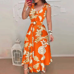 Beach Dress With Belt Women Sleeveless Floral Print Tie Knot Casual Long Dress Summer Ruffled High Waist Large Swing Maxi Dress