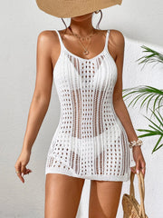 Knitting Hollow Out Texture Swimsuit Cover-Up Sleeveless Sexy See-Through Short Dress Women Summer Sunbathing Beachwear SHOWLU FASHION STORE