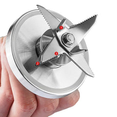 A stainless steel blender blade assembly with four serrated blades held by a central bolt.