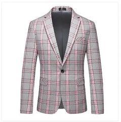 A single-breasted men's blazer in a grey plaid pattern with pink accents and a one-button closure.