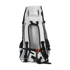 A gray waterproof pet carrier backpack with adjustable padded straps and a chest buckle.