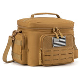 A tan tactical insulated lunch bag with a front American flag patch and MOLLE webbing.