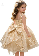 3D Floral with Bow Luxury Flower Girl Dress Wedding Thin Strap Backless Knee-Length Kid Pageant Party Birthday Event Dress
