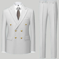 A white double-breasted suit set featuring gold buttons, a white shirt, and a patterned tie.