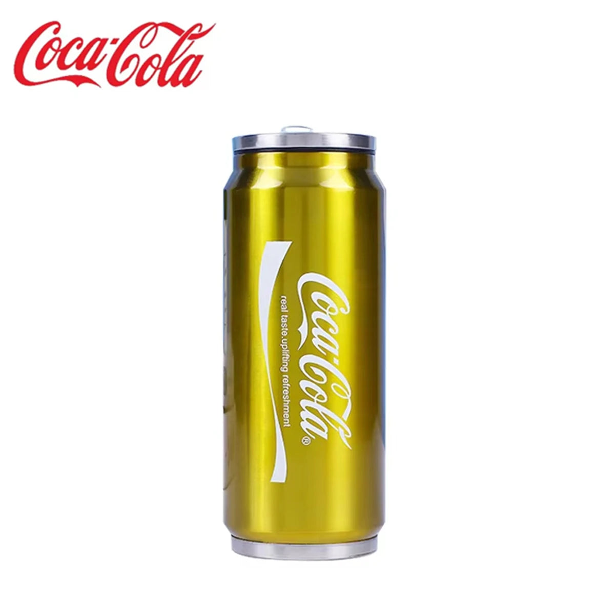 A gold-colored stainless steel mug shaped like a Coca-Cola can with the brand logo on the side.